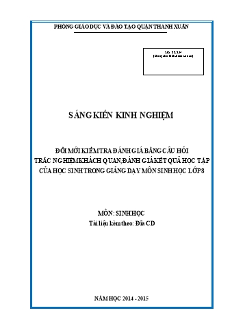 SKKN Đổi mới kiểm tra đánh giá bằng câu hỏi trắc nghiệm khách quan, đánh giá kết quả học tập của học sinh trong giảng dạy môn Sinh học lớp 8