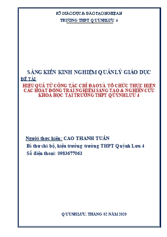 SKKN Hiệu quả từ công tác chỉ đạo và tổ chức thực hiện cá hoạt động trải nghiệm sáng tạo & nghiên cứu khoa học tại trường THPT Quỳnh Lưu 4