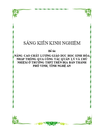 SKKN Nâng cao chất lượng giáo dục học sinh hòa nhập thông qua công tác quản lý và chủ nhiệm ở trường THPT trên địa bàn Thành phố vinh, tỉnh Nghệ An